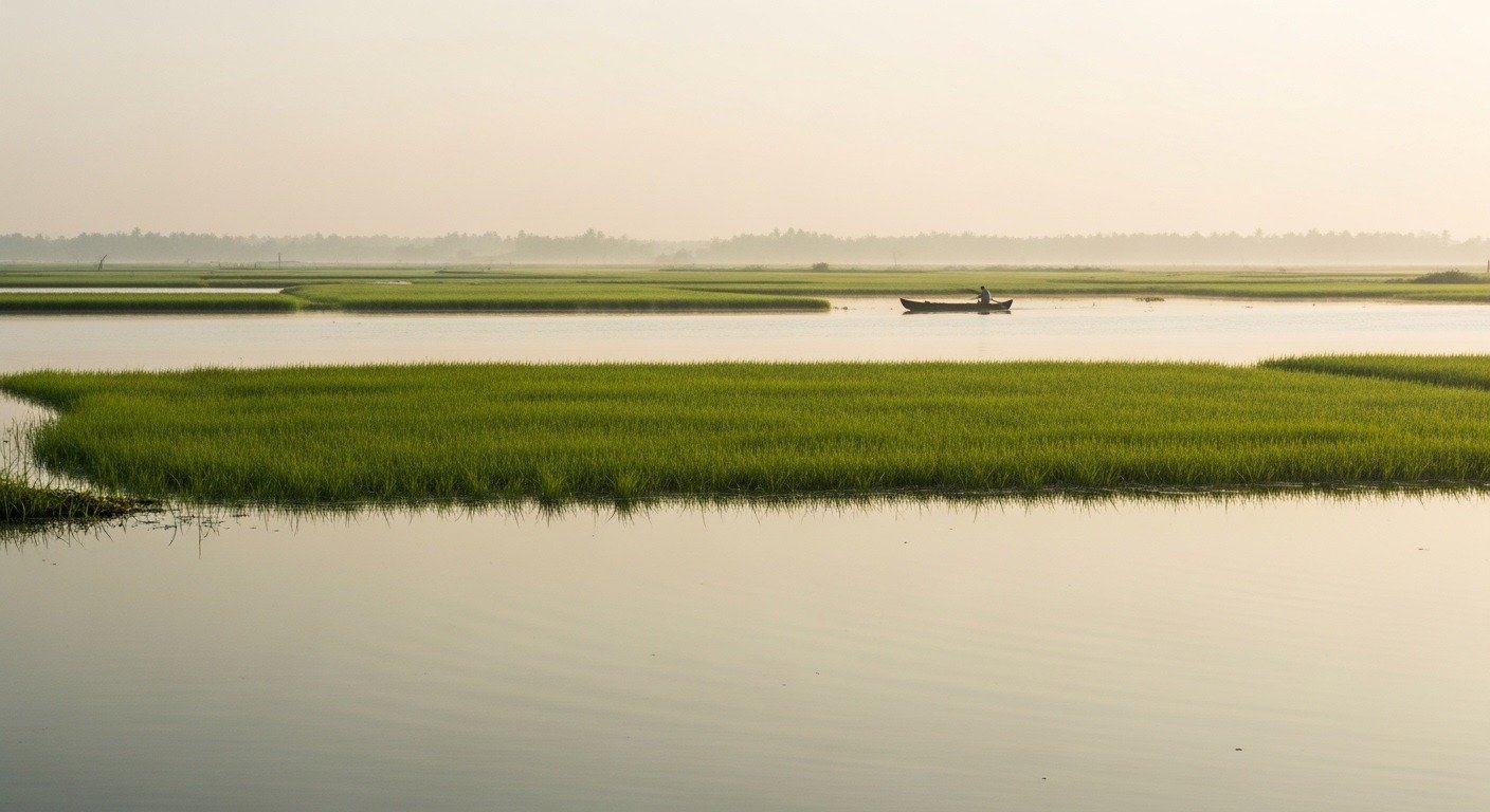 Green paddy fields and a waterway in the Alleppey backwater region