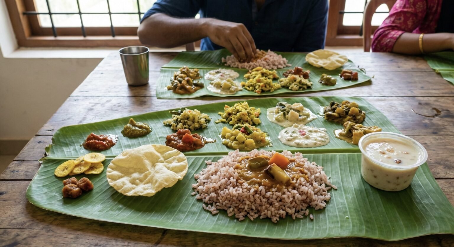 Traditional Kerala meal served on a banana leaf in Alleppey