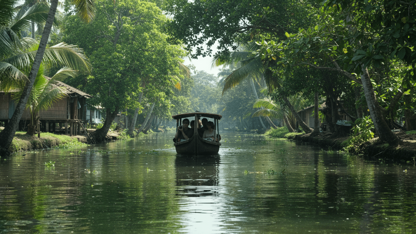 A canoe moving through a narrow village canal in Alleppey