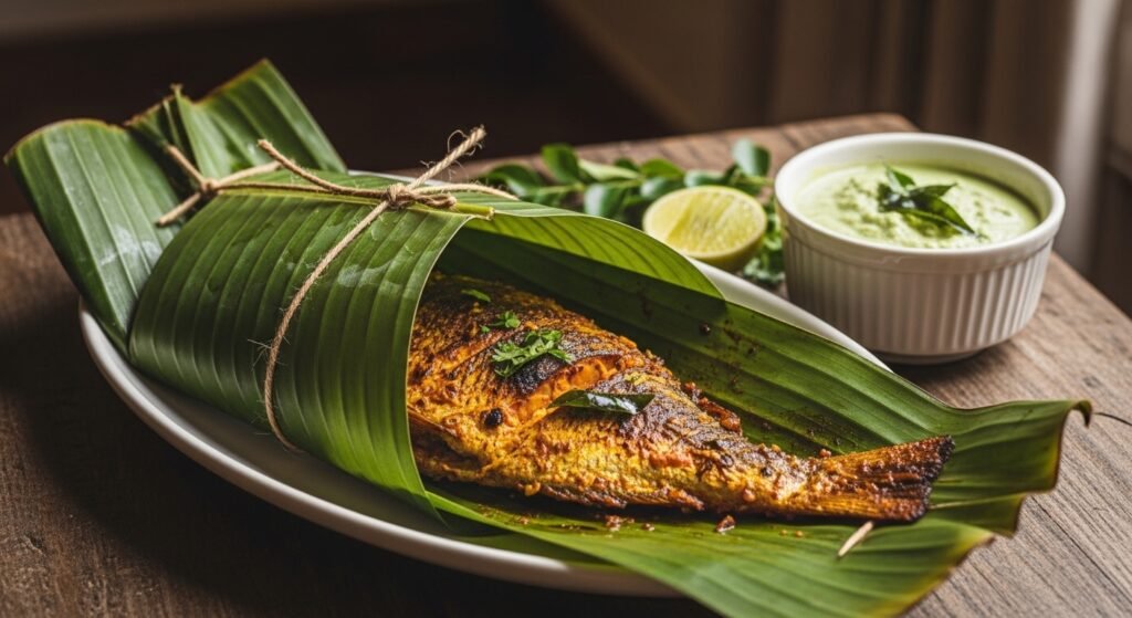 Karimeen pollichathu, pearl spot cooked in banana leaf in Alleppey