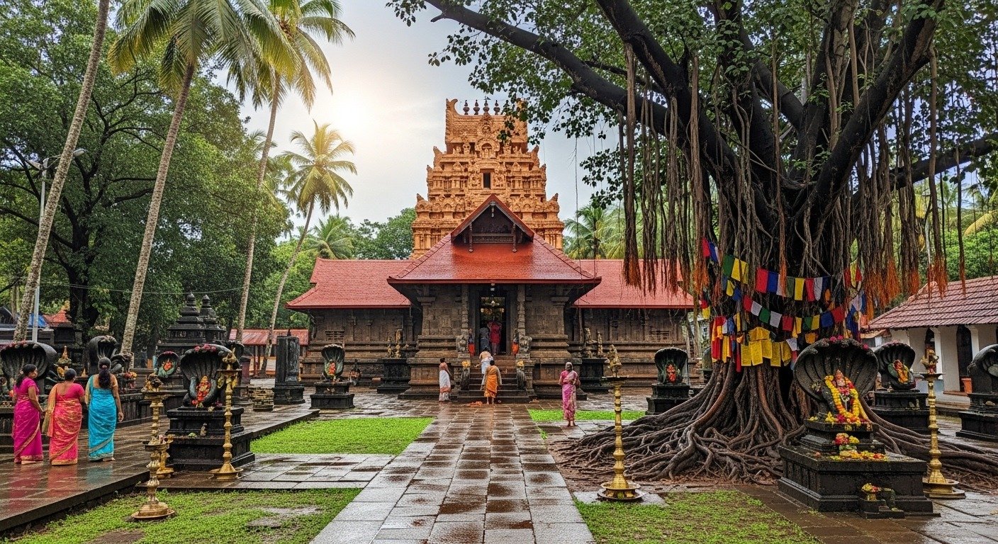 Tree-shaded approach and traditional structures at Mannarasala Sree Nagaraja Temple near Haripad