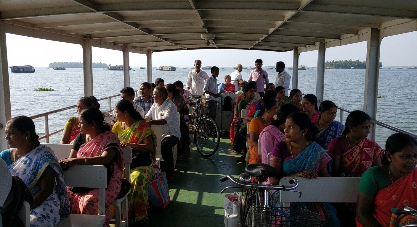 Local passenger ferry carrying people through the Alleppey backwaters