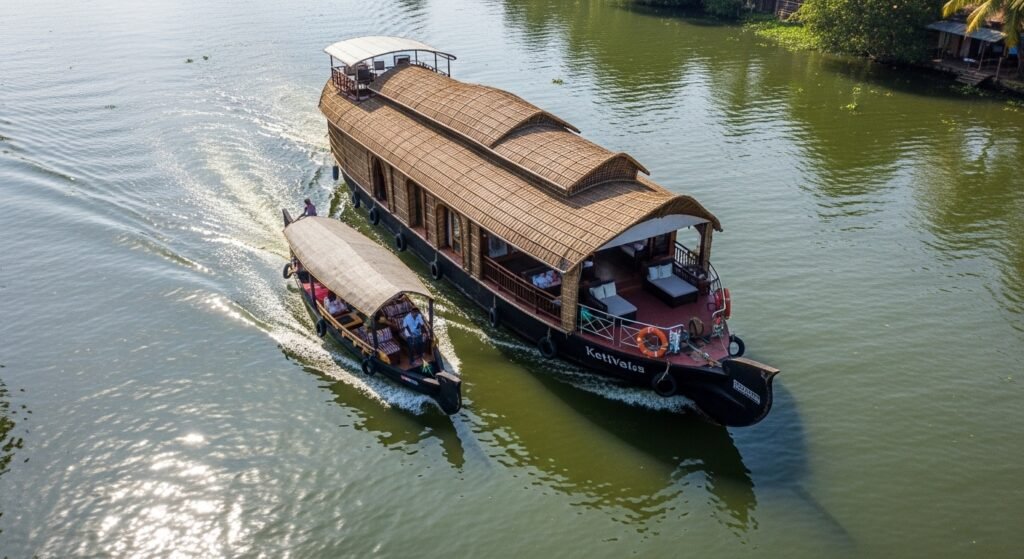 A shikara boat travelling beside a houseboat in the Alleppey backwaters