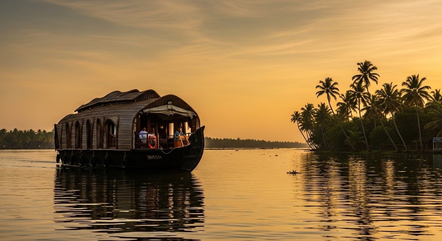 Traditional houseboat moving through the Alleppey backwaters