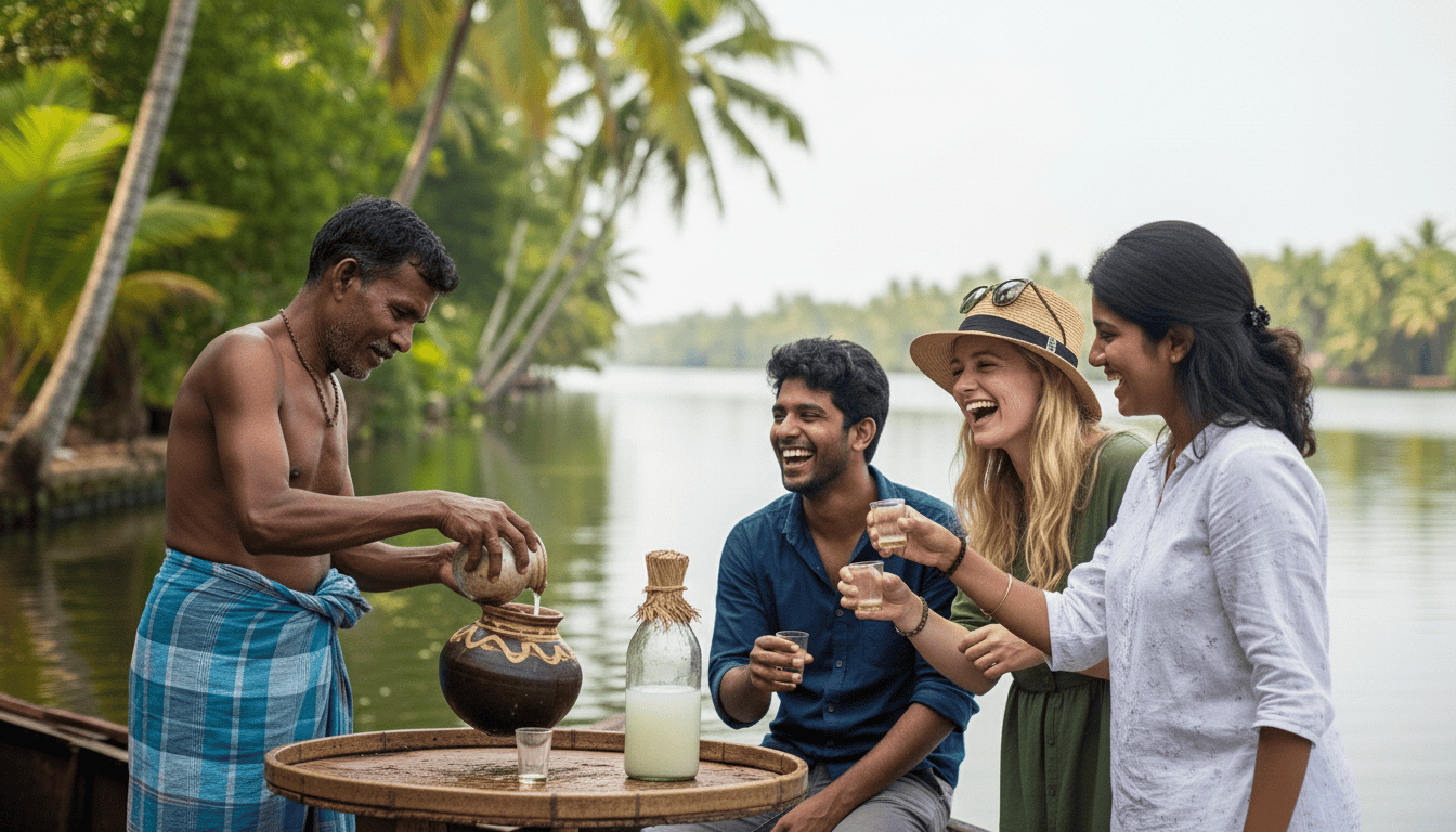 Tourists experiencing authentic Alleppey life by the backwaters