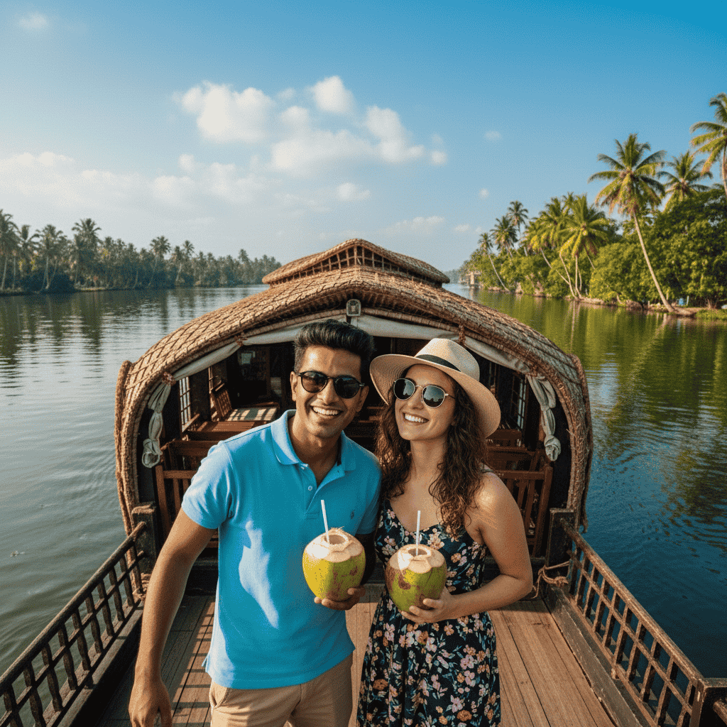 A happy tourist couple on the upper deck of a traditional houseboat cruise in Alleppey backwaters