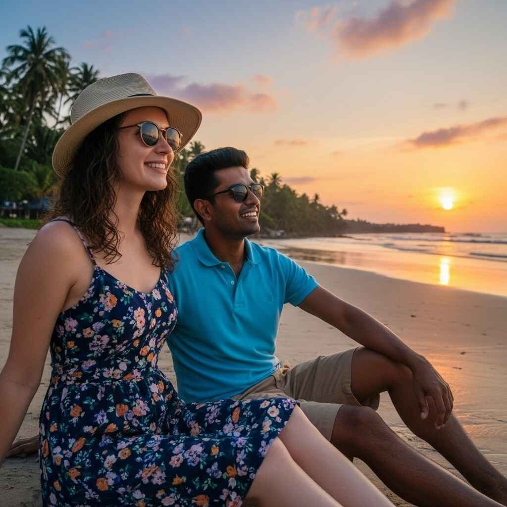 Couple chilling at Alleppey beach during sunset
