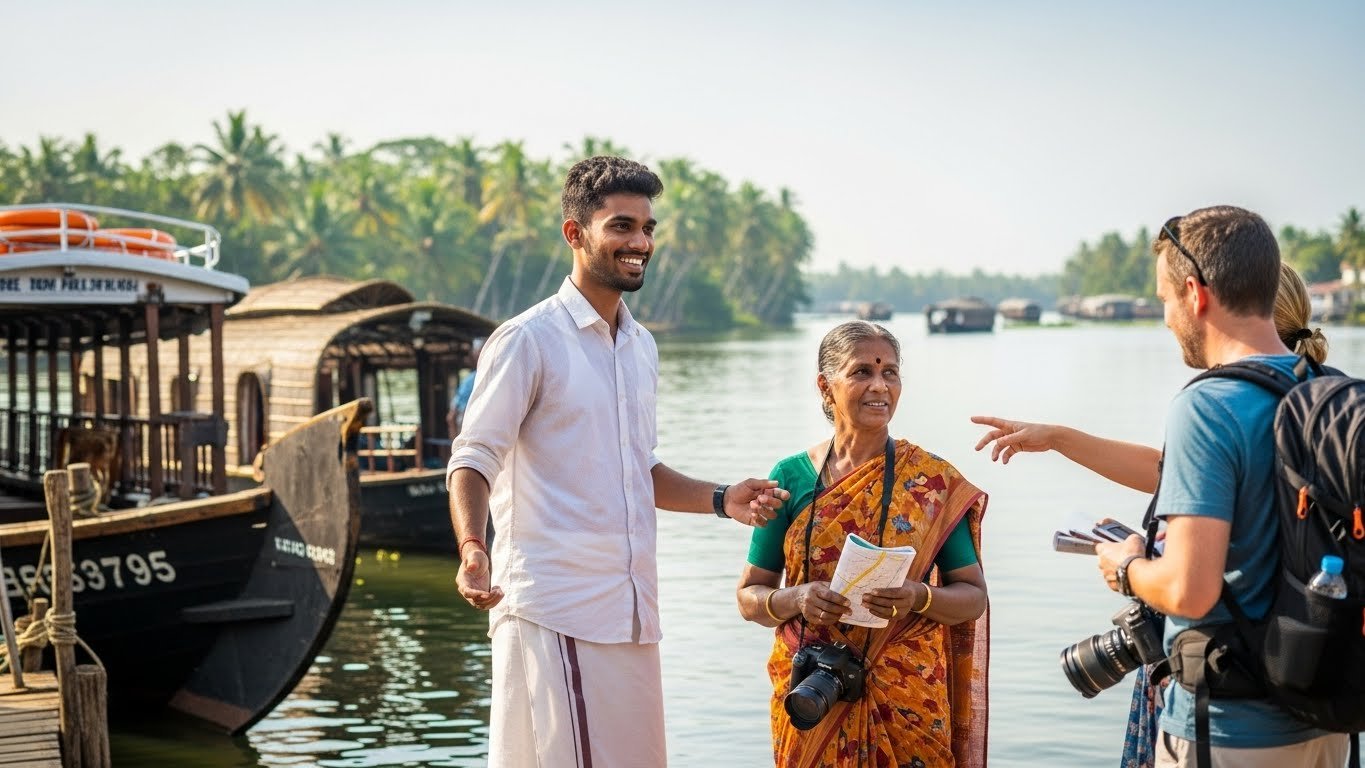 Our local guide welcoming tourists at the meetup location before the ferry ride