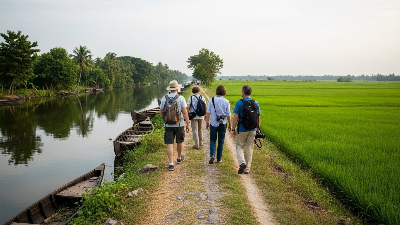 Tourists exploring Alleppey backwater village by walking