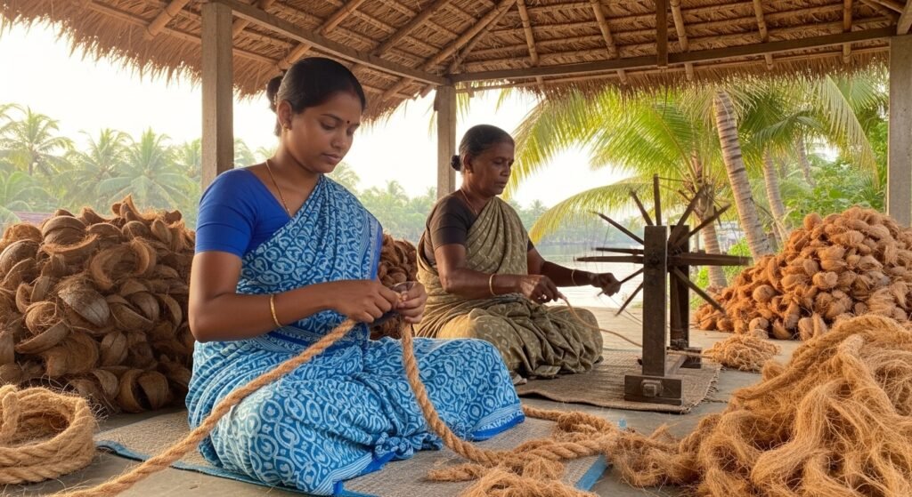 Two local women making coir in Alleppey