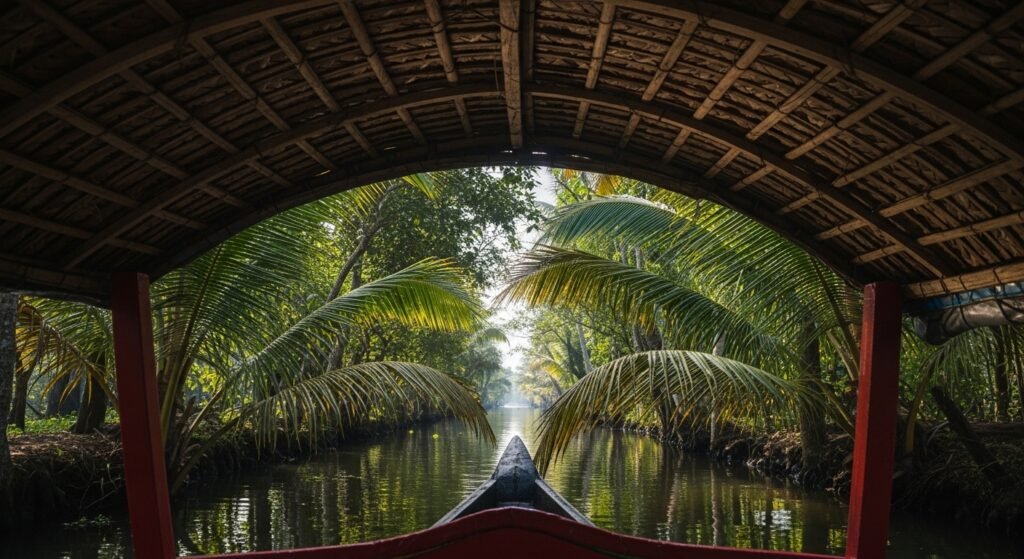 Canoe in Alleppey going through narrow canal