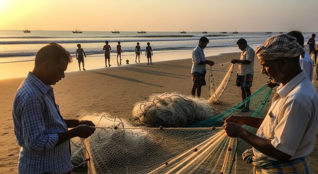 Fishermen in Alleppey beach during sunset