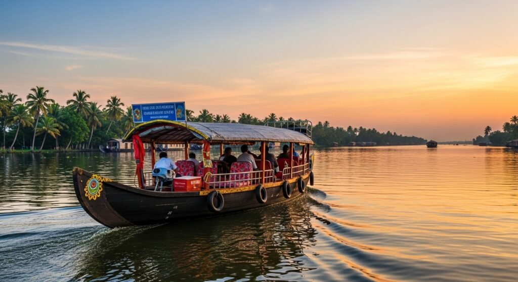 A traditional shikara boat in Alleppey backwaters